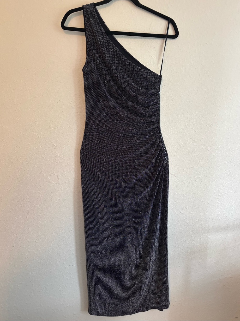 One-Shoulder Shimmer Midi Dress in Dark Charcoal with Sequins and Slit